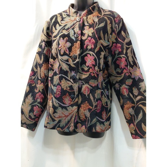 Self-Portrait Jackets & Blazers - Women's Vintage PORTRAIT Tweed  Black Floral Tapestry Jacket Boho Art To Wear L